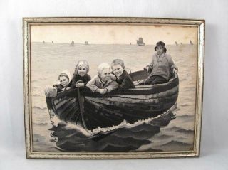 Antique Neyret Freres Woven Silk Tapestry Picture Old Man W/ Children On Boat