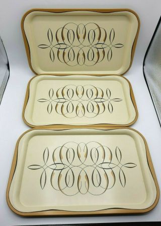 Vintage Mid Century Set Of 3 Rectangle Ivory Scrolled Metal Lap Tray