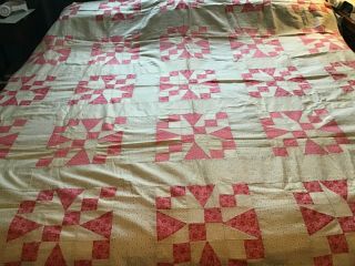 Antique/vintage Grandma’s Star Quilt Top In Pink,  Off White And Black.