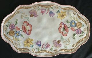 Vintage Linen Hand Embroidered Table Centre Piece Poppies & Florals