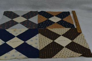 Antique Quilt Blocks Signature Early Brown Blue 1890 Leminstermass
