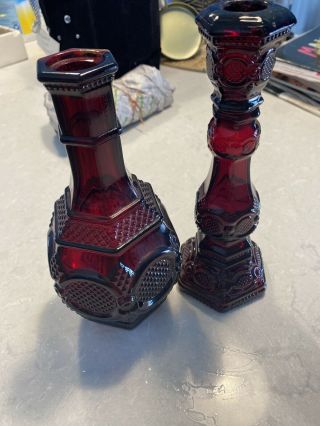 Vtg Avon " Cape Cod " Ruby Red Glass Candlestick Cologne Bottle & Other Bottle