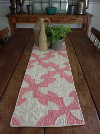 Lovely Vintage Farmhouse Pink & Cream Table Quilt Runner 36 " X 12 "