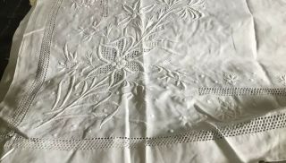 Vintage White Cotton Tablecloth With Embroidered Flowers And Openwork