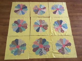 9 Large Vintage 1930’s Quilt Blocks Butter Yellow Dresden Plate Hand Made