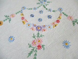 Vintage Tablecloth Hand Embroidered Flowers Linen 50 " Sq.