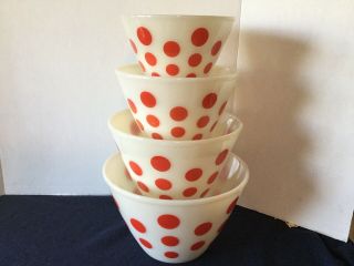 Vintage 4pc.  Fire King Red Polka Dot Nesting Mixing Bowls Oven Ware Milk Glass