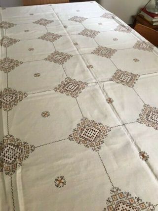Vintage Large Hand Embroidered Linen Tablecloth & 8 Napkins.