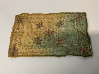 Antique / Vintage Silk Panel Embroidery Tapestry Clear Yellow Green Flowers 15x9
