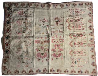 Vintage Hand Embroidered Linen Sampler.  26 X 21 Inches