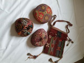 Ethnic Embroidered Usbek Caps And Bag From Bukhara,  The Silk Route.
