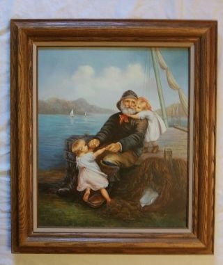 Vintage Oil Painting On Canvas Sea Captain W/ Children Bill Hopeman