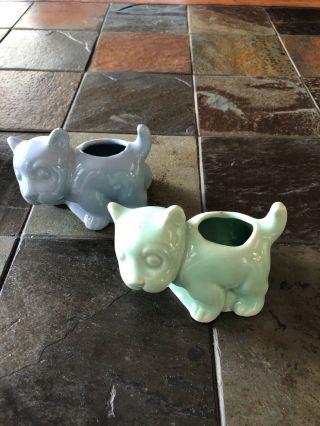 2 Vintage Pottery Dog Small Figural Planter Blue & Jade Green Bulldog