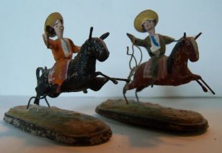 Vintage Mini Set Of 2 Clay Mexican Folk Art Figurines On Horses - Handmade