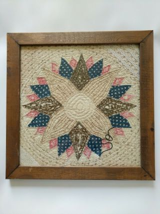 Antique Quilt Framed Under Glass Collage Old Threads 1800s Exploding Star Square