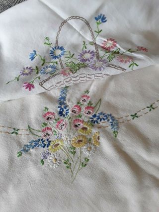 2 Vintage Hand Embroidered Tablecloths Linen Cotton Floral Embroidery