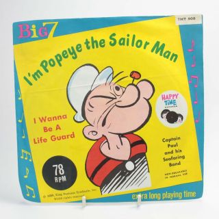 Vintage Popeye The Sailor Man Big 7 Happy Time Records 7” Vinyl Record 78rpm