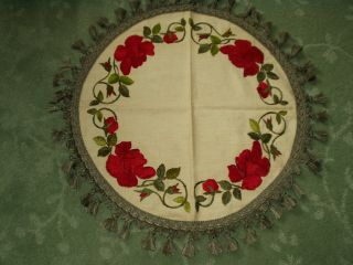 Antique Hand Embroidered Royal Society Red Roses Table Cover Doily Matt