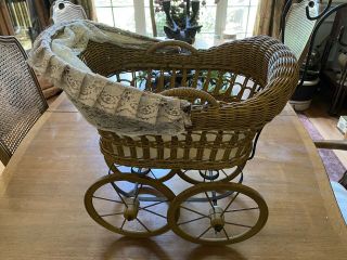 Vintage Wicker Wood Metal Victorian Baby Doll Buggy Carriage Stroller
