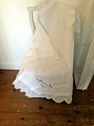 Vintage White Cotton Tablecloth With Deep Cotton Lace Edge 43 " Sq Crinoline Lady