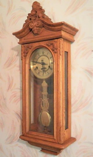 Vintage D & A Hand Carved Light Mission Oak Pendulum Wall Clock