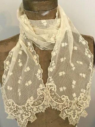 Antique French Net Lace Tambour Scarf Embroidered Flowers Ivory 64 " X 5 "