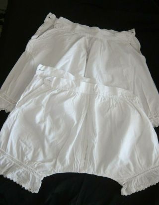 C.  1880 Antique French Girls Fine White Cotton Lacey Bloomers X 2