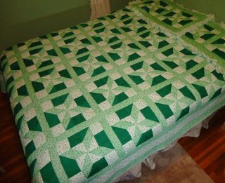 Vintage Pinwheel Star Patchwork Quilt & Shams Set Green Handmade Beauty 82x100