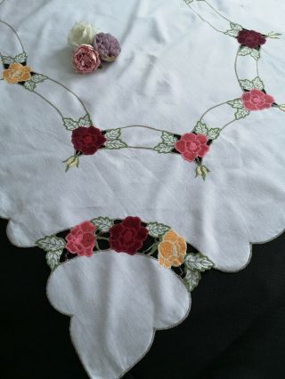 Large Vintage Hand Embroidered Linen Tablecloth Cut Work Roses