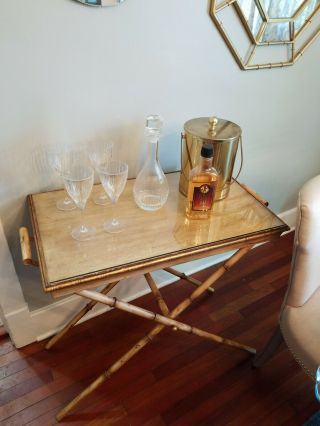Vintage Metal Bar/tea Cart Faux Bamboo Brass,  Glass Wood Tray Server Fold Style