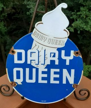 Vintage I.  R.  57 Dairy Queen Ice Cream Porcelain Advertising Sign Die Cut