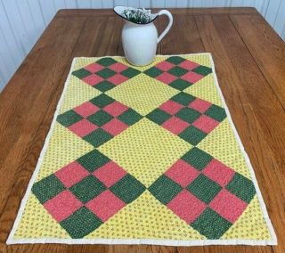 Country C 1890 - 1900 Nine Patch Quilt Antique Table Runner Green Yellow 31 X 21
