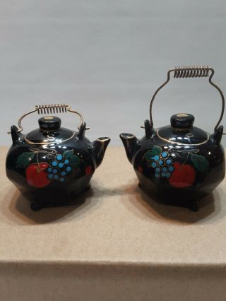 Vintage Japan Salt & Pepper Shakers Teapots With Fruit On Them.  Metal Handles.