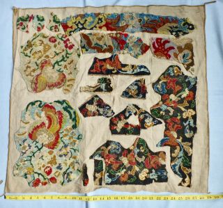 Antq Victorian Jacobean Tapestry Needlepoint Embroidered Fragments Linen Panel