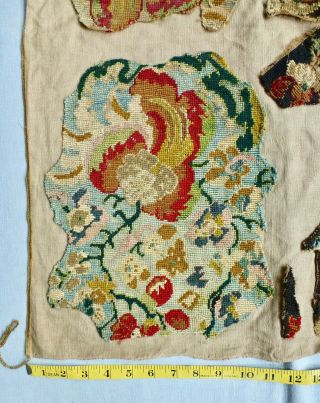 Antq Victorian Jacobean tapestry needlepoint embroidered fragments linen panel 2