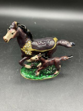 Metallic And Porcelain Hinged Trinket Pill Box Horse Incredible Color