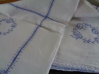 Smooth & Heavy Linen Hand Embroidered Vintage Large Tablecloth,  Blue Daisies