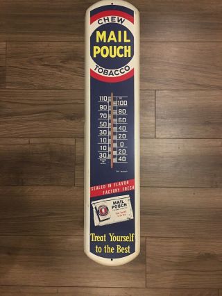 Antique Vintage Chew Mail Pouch Tobacco Thermometer Advertising Sign 39”x8”