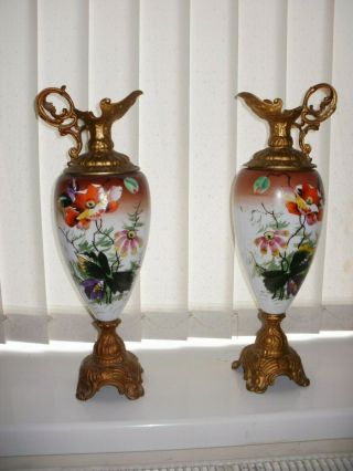 Vintage Antique Victorian Hand Painted Glass Ewers
