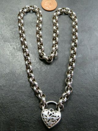 Chunky Vintage Sterling Silver Belcher Link Necklace Chain 17 Inch Padlock Clasp