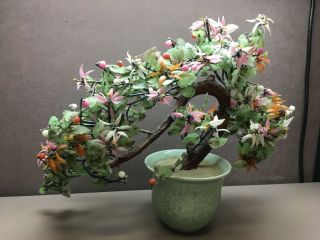Vintage Asian Jade Agate Glass Leaves Flowers Bonsai Tree Celadon Vase 18 " X14 "