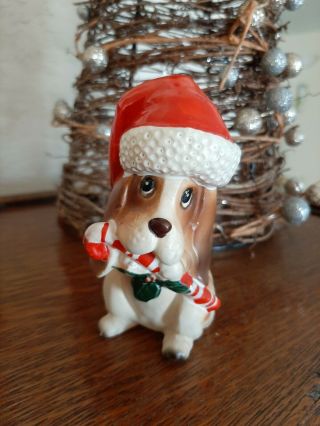 Vintage Lefton China Hand Painted Christmas Basset Hound Wcandy Cane H7069