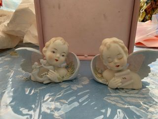 Vintage Pr Lefton Bisque Porcelain Angel Cherub Figures Hand Painted Provenance