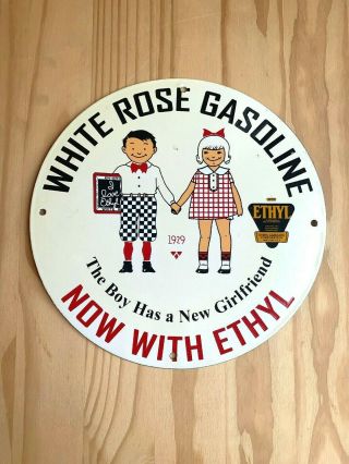 Vintage White Rose Gasoline Porcelain Sign Gas Oil Pump Plate Service Station Nr
