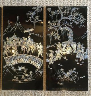 4 Pc Set Vintage Asian Wall Panels Mother Of Pearl Shell Art Lacquer 23 " X 11.  5 "