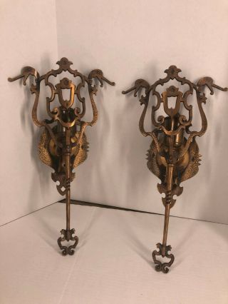 Pair Vintage Cast Copper Art Deco Wall Sconces Light Fixtures Serpent