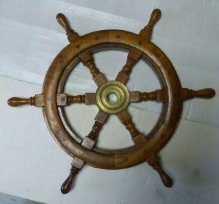 18.  5 Inch Wooden Nautical Ship/boat Helm Steering Wheel Brass Center Wall Art