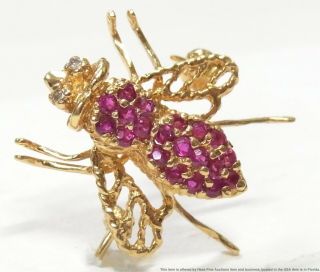 Gem Quality Natural Ruby Diamond 14k Gold Bee Pin Vintage Insect Bug Pendant