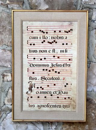 Antique Vellum Sheet Music Gregorian Chant 16th Century? Framed