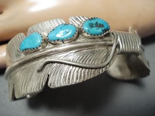 Important Very Jake Vintage Navajo Turquoise Sterling Silver Feather Bracelet